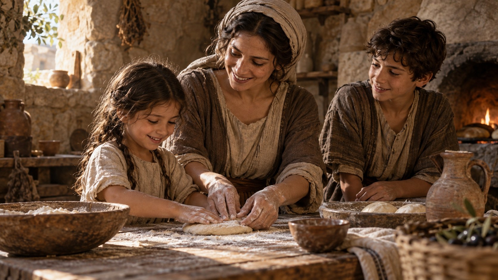 Fictional scene of Mary teaching Hannah to shape bread while Jesus watches