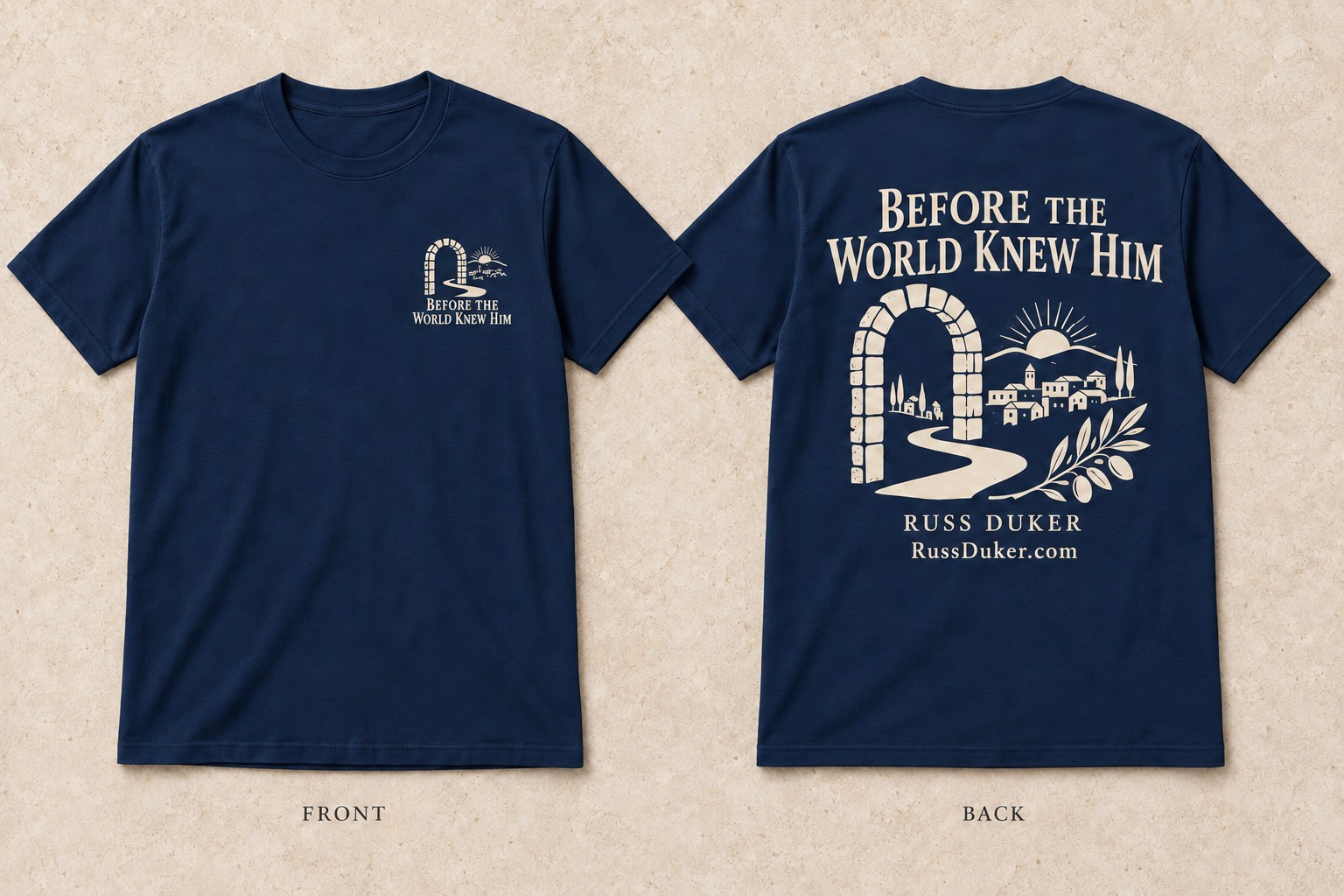 Front and back of the Nazareth tee in navy blue with warm ivory artwork: small left-chest emblem and large book design on the back